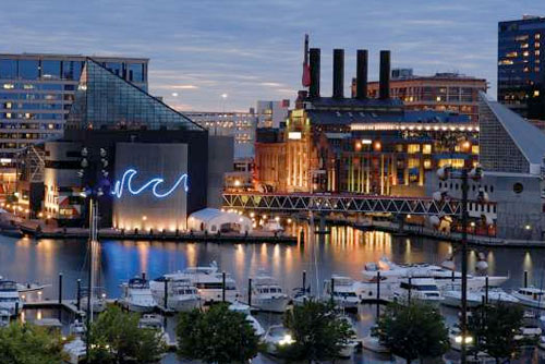 The view of Innter Harbor in Baltimore at night