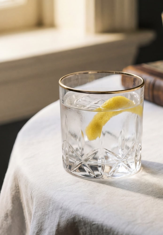 Water glass closeup; dinner conversation that creates connection