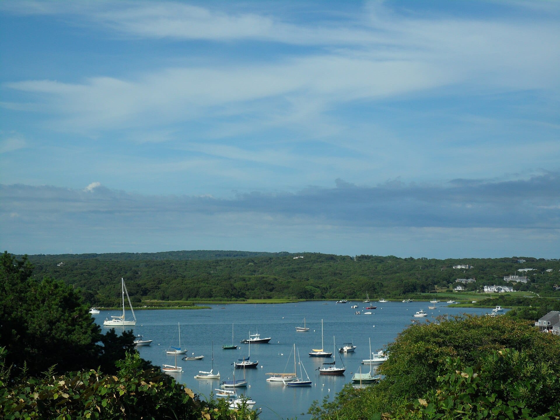 Moored boats on Menemsha Pond below the Chilmark hills